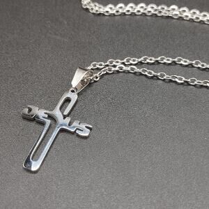 Silver Necklace w/ Jesus Cross Pendant Men's Women's Anniversary Birthday Gift